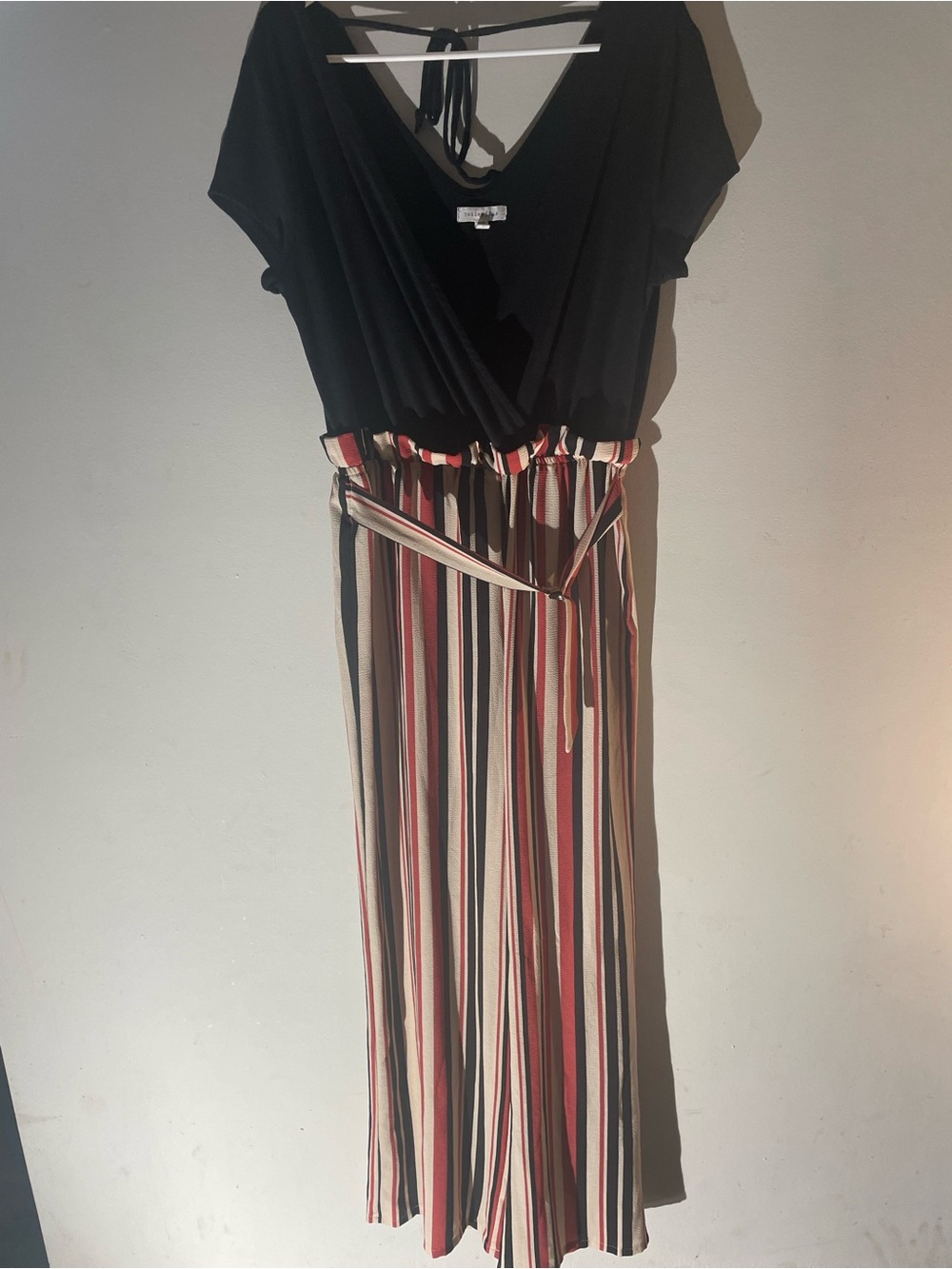 Bailey Blue Women’s Large Surplice Wide Leg Jumpsuit Black Stripe Belted L